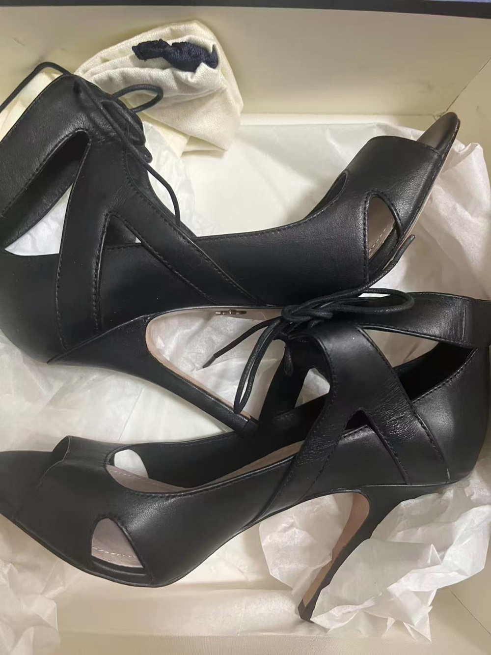 POUR LA VICTOIRE Women’s Black Lace-Up Peep Toe Heels